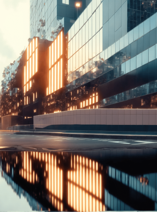 city, buildings, street, water, reflection, car, lights, trees, sky, road