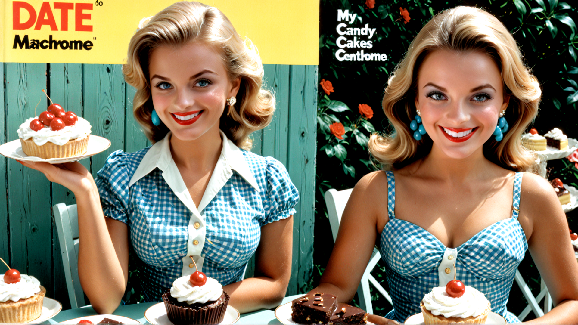 AI generated wallpaper featuring woman, cupcake, cherry, cake, dress