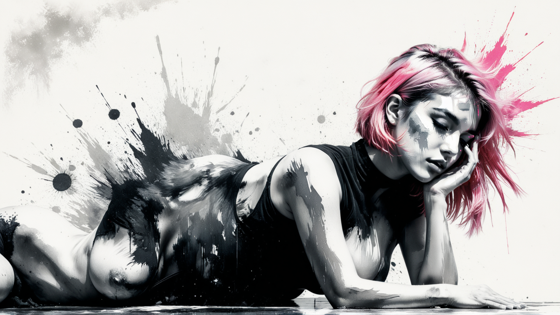 AI generated wallpaper featuring woman, art, painting, surreal, splash, ink, hair, water, pose, ink