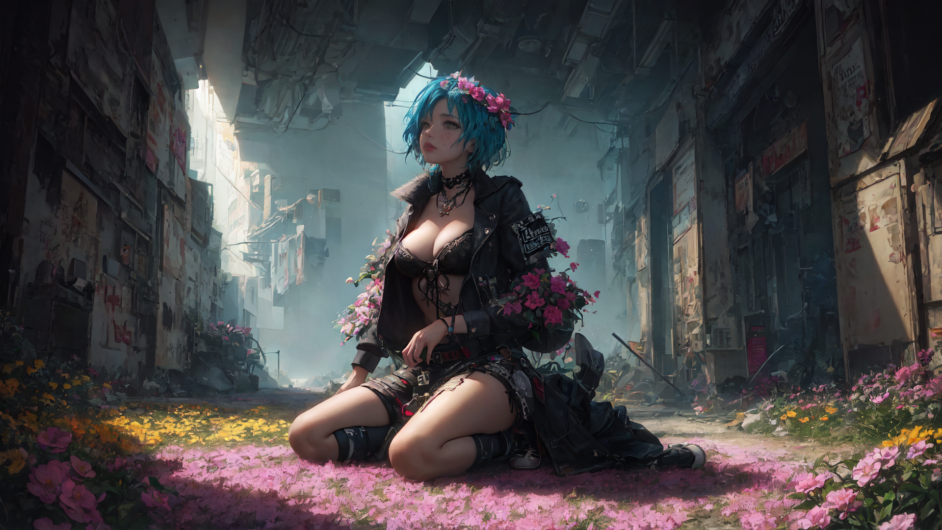 AI generated wallpaper featuring woman, flowers, alley
