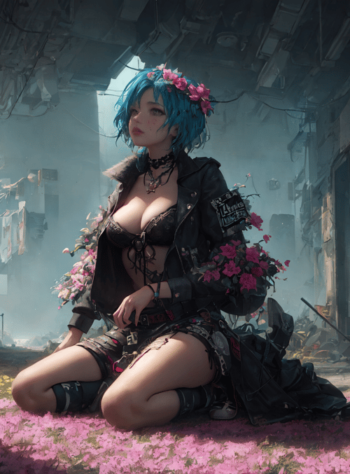 woman, flowers, alley