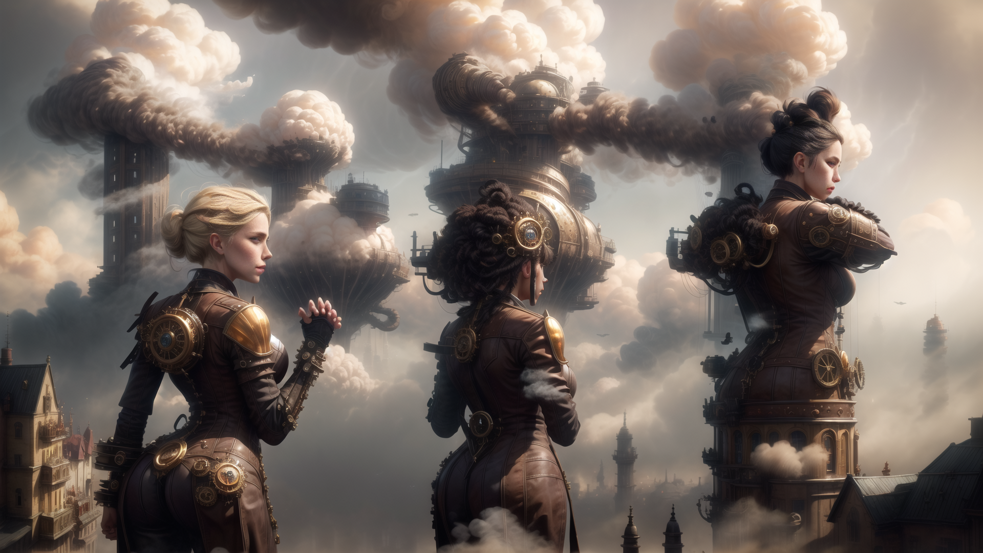 AI generated wallpaper featuring women, steampunk, cityscape
