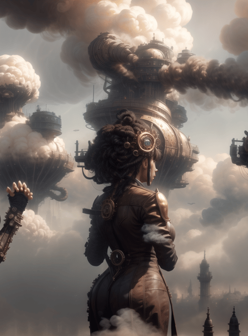 women, steampunk, cityscape