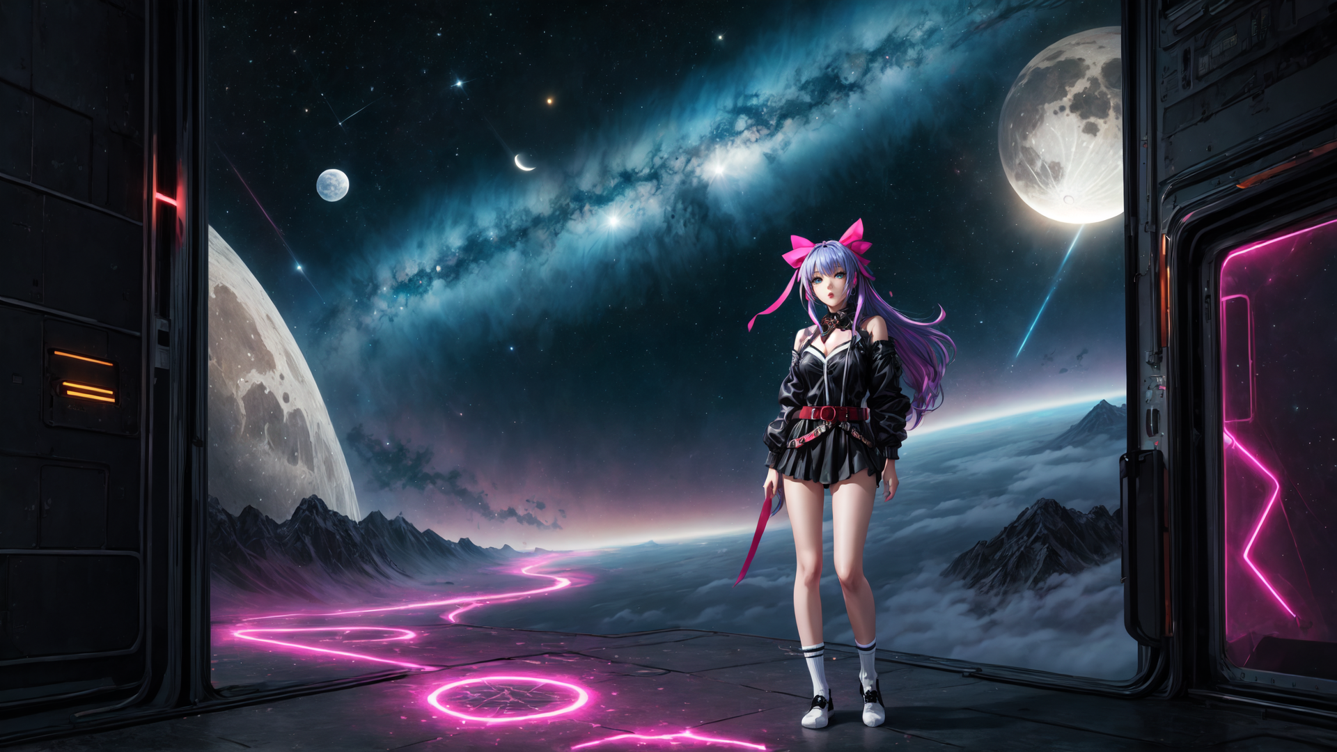 AI generated wallpaper featuring anime girl, space, moon, galaxy, mountain, neon lights