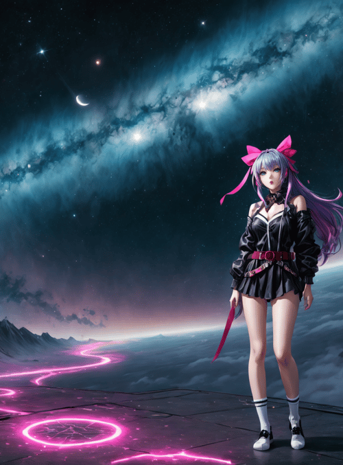 anime girl, space, moon, galaxy, mountain, neon lights