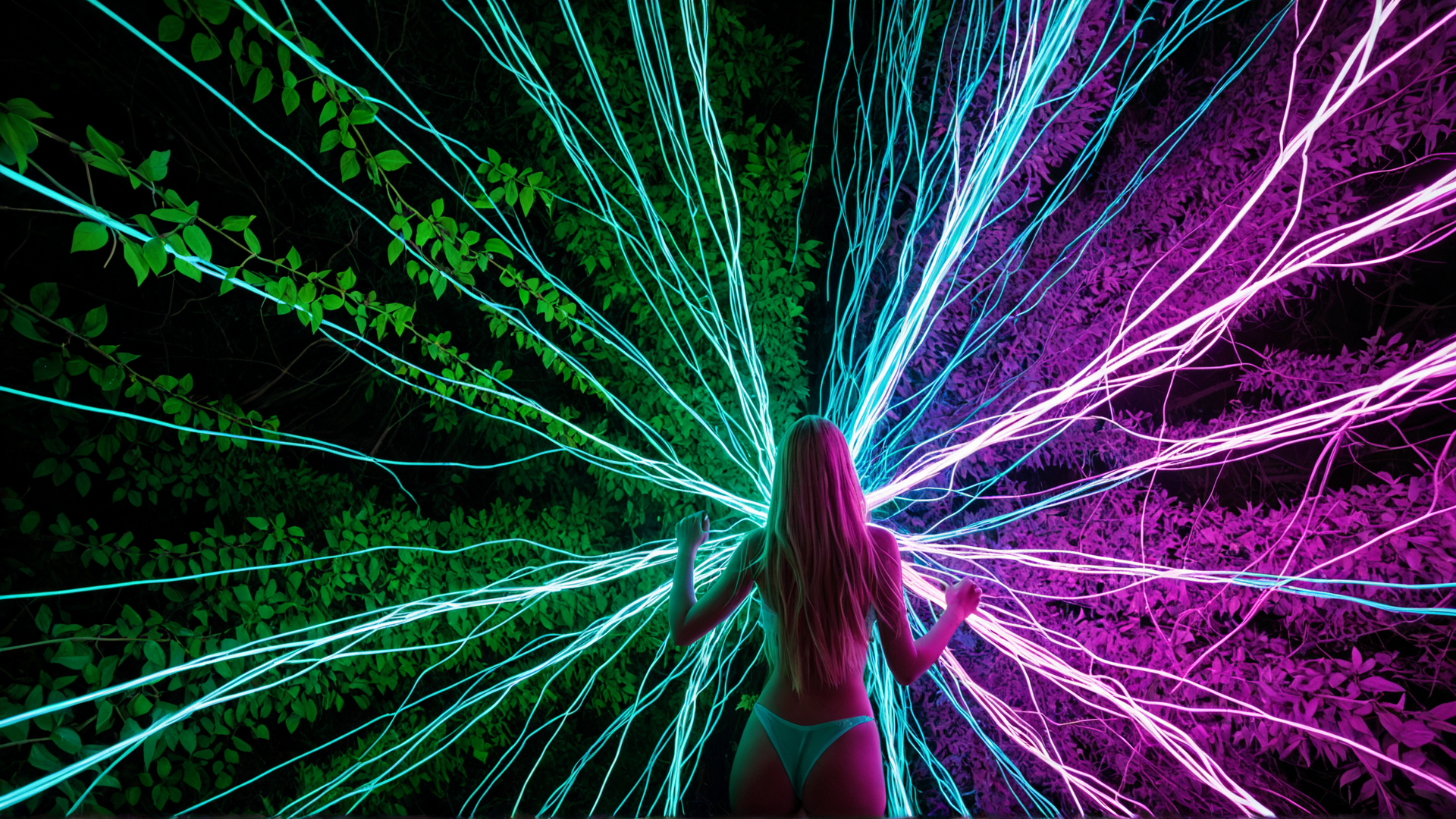 AI generated wallpaper featuring woman, light trails, trees, bikini