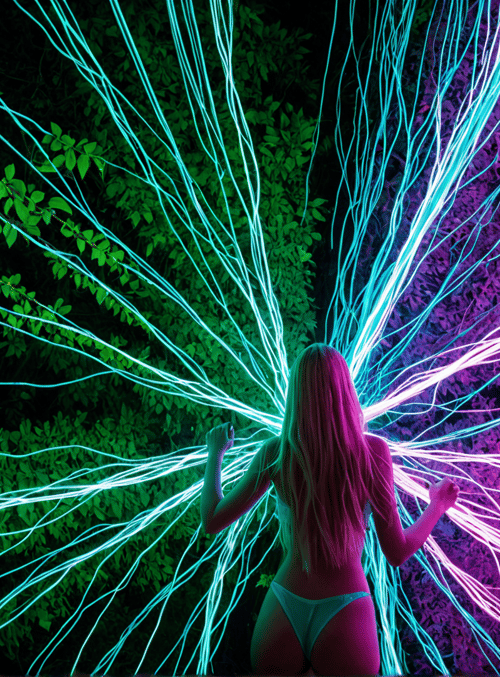 woman, light trails, trees, bikini