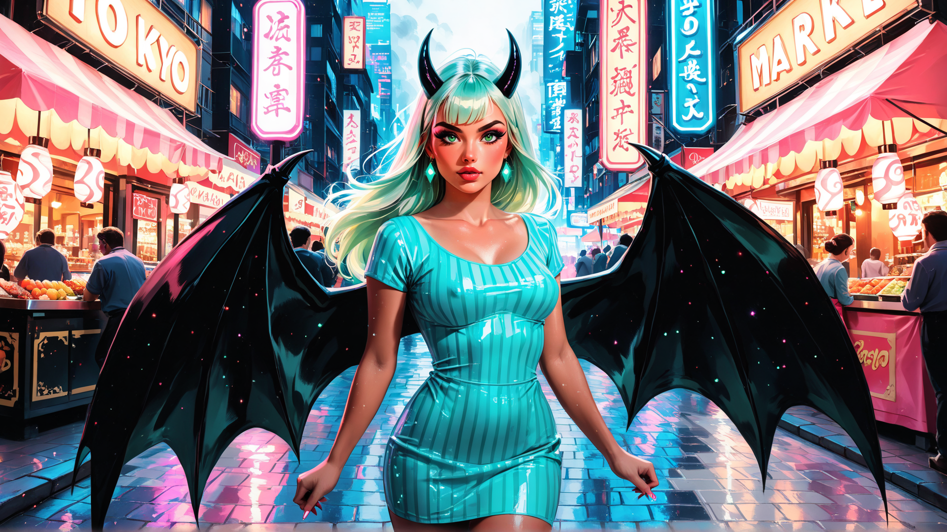 AI generated wallpaper featuring woman, bat wings, devil horns, dress, market, neon signs, street, anime, characters, city