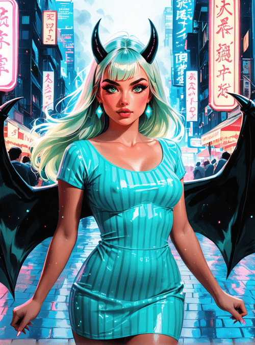 woman, bat wings, devil horns, dress, market, neon signs, street, anime, characters, city