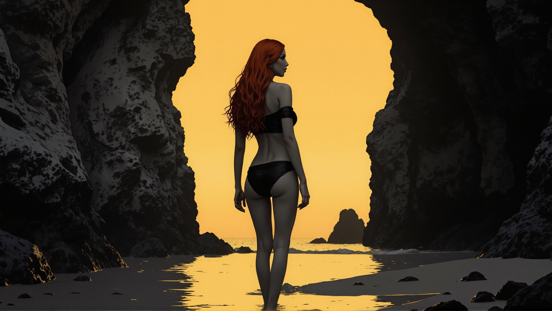 AI generated wallpaper featuring woman, beach, cave, sunset, rock