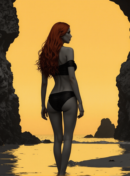 woman, beach, cave, sunset, rock