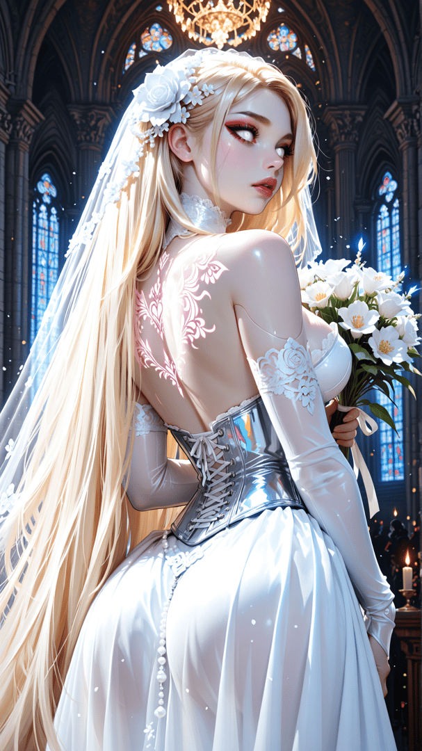 AI generated wallpaper featuring bride, church, veil, flowers, corset