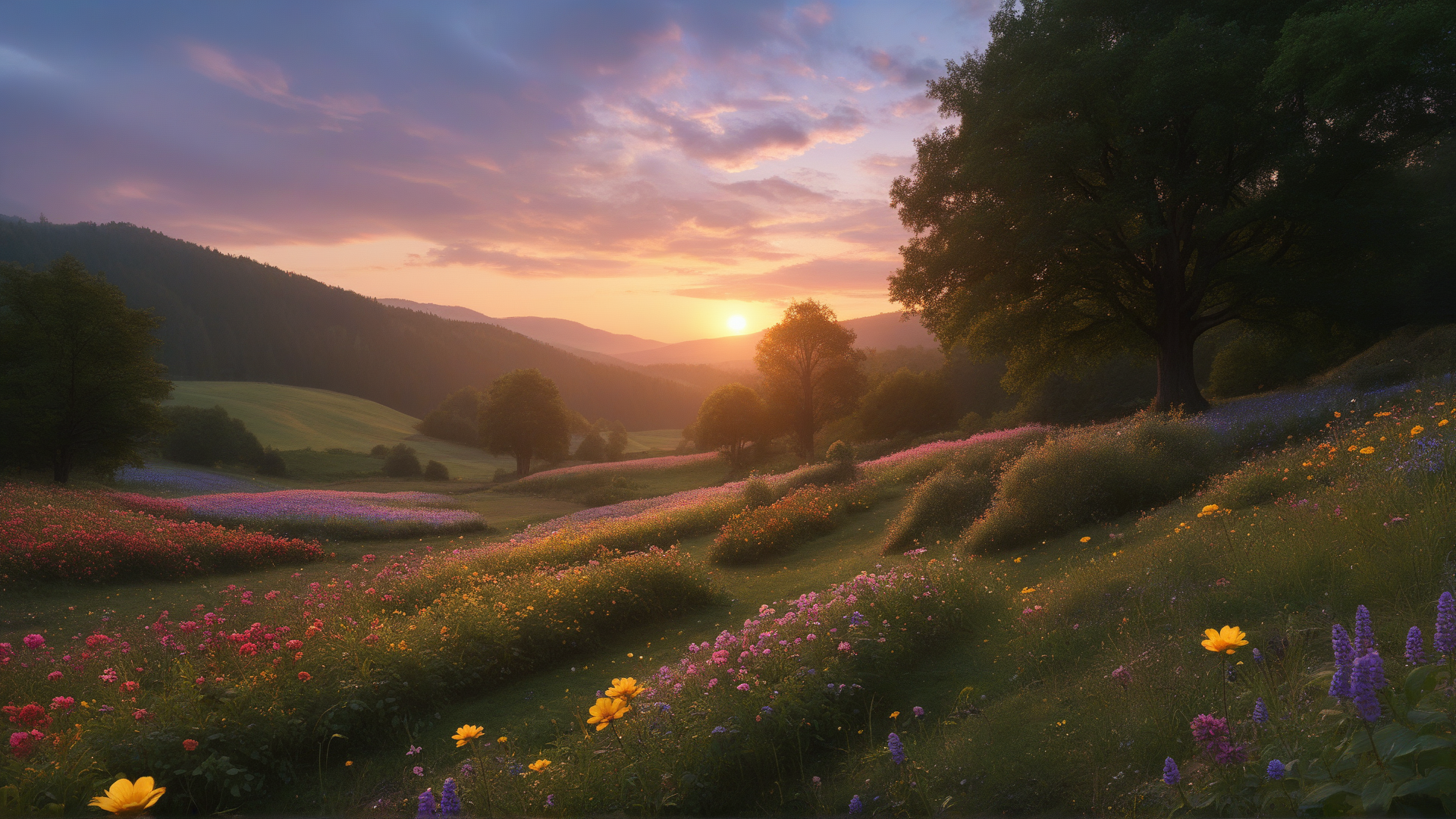 AI generated wallpaper featuring sun, flowers, trees, mountains, meadow, sky