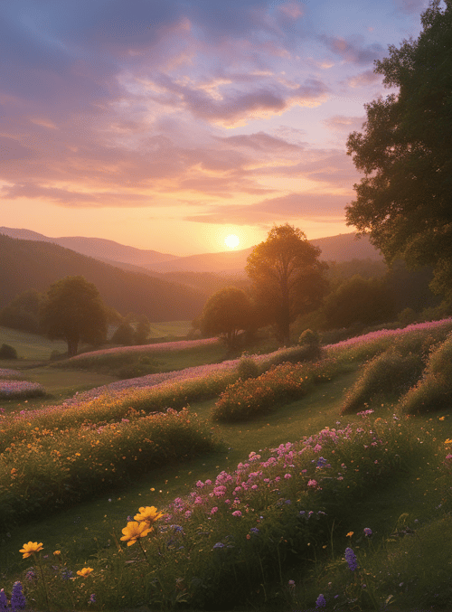 sun, flowers, trees, mountains, meadow, sky