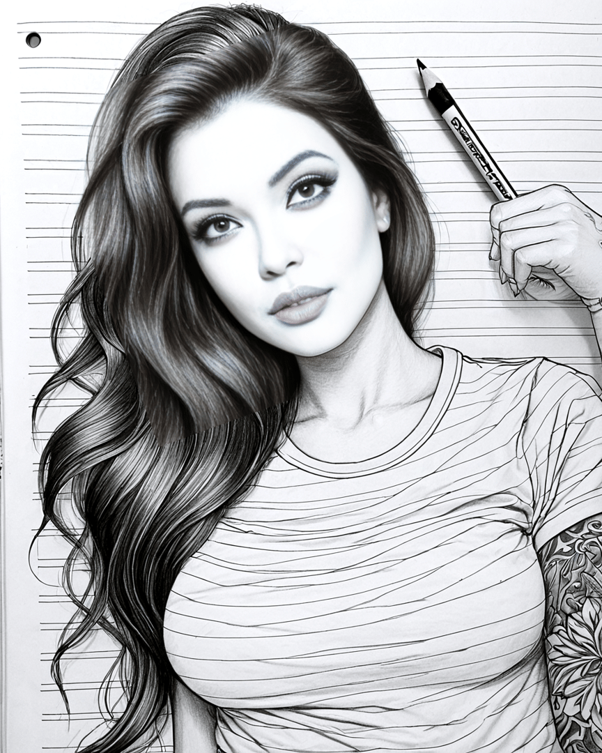 AI generated wallpaper featuring woman, hand, pencil, hair, t-shirt, tattoo