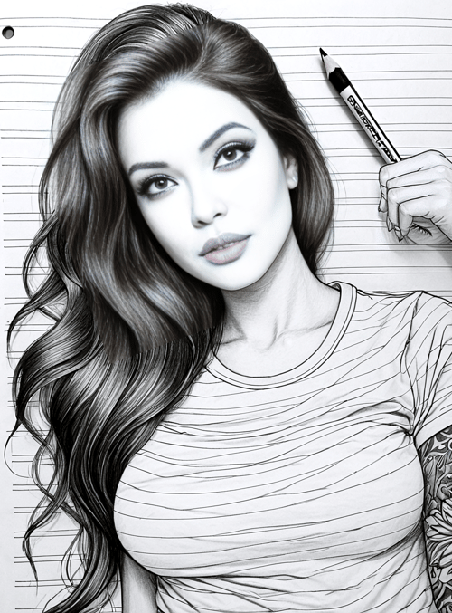 woman, hand, pencil, hair, t-shirt, tattoo
