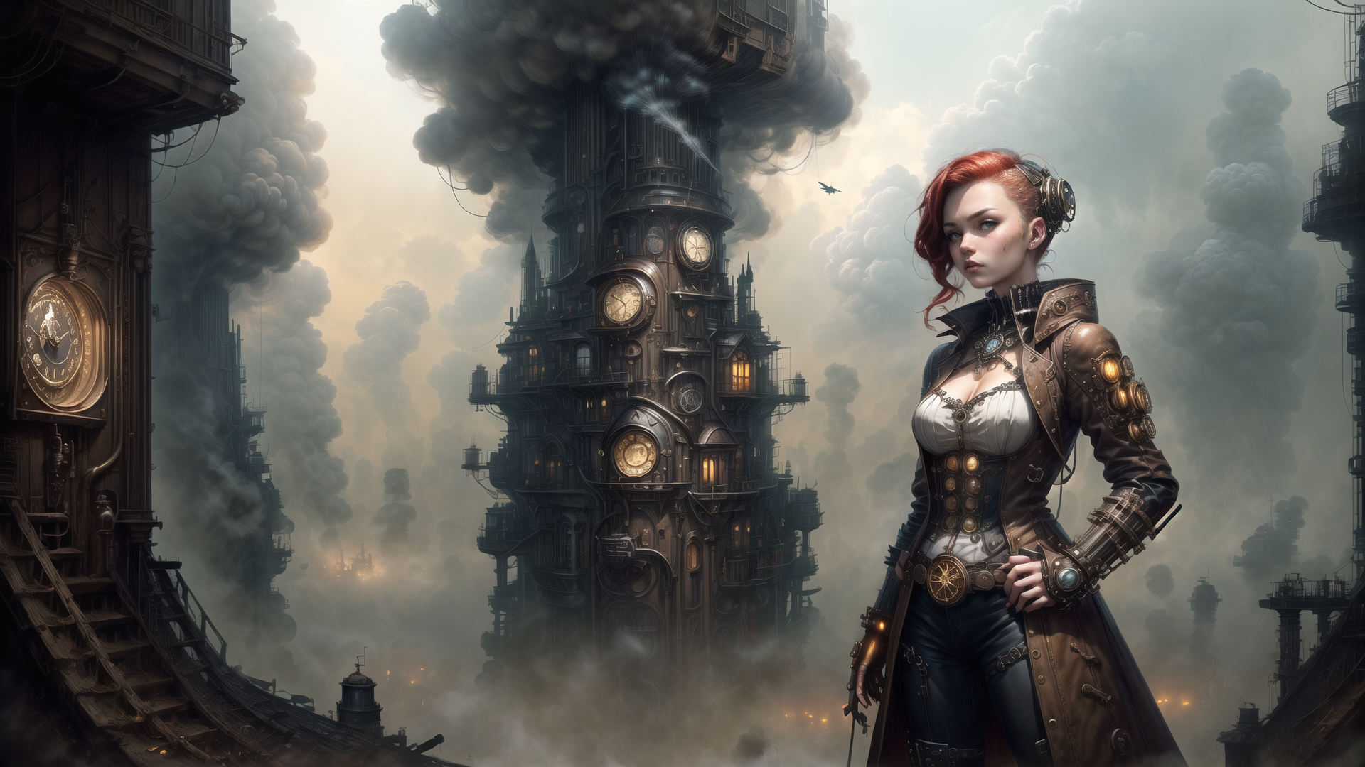 AI generated wallpaper featuring woman, steampunk building, clock tower