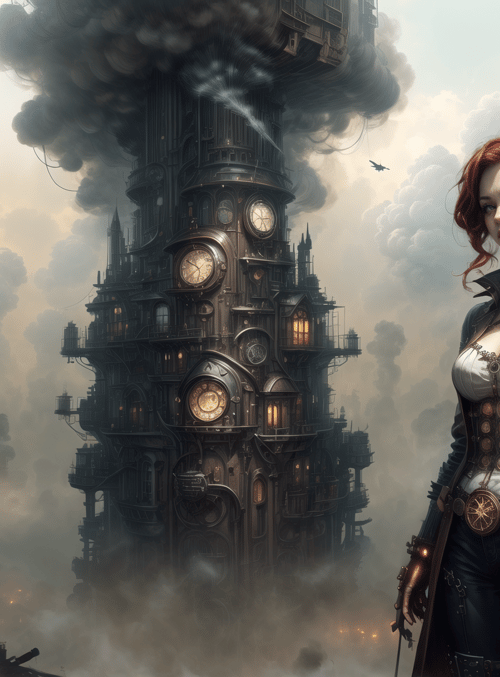 woman, steampunk building, clock tower