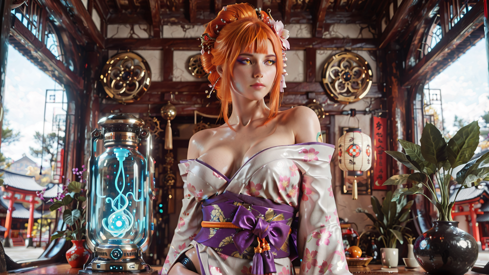 AI generated wallpaper featuring woman, kimono, lantern, flower, sake, vase, plant, building, lantern, garden
