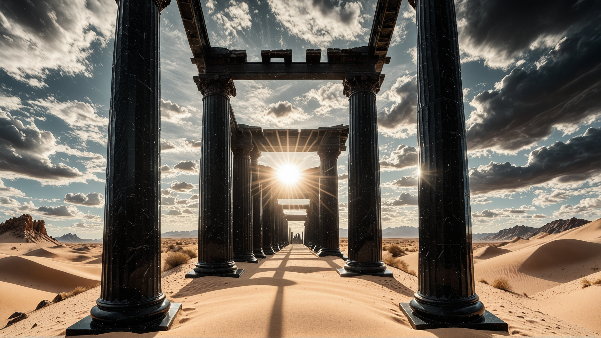 AI generated wallpaper featuring columns, desert, sun, sand dunes, sky, mountains