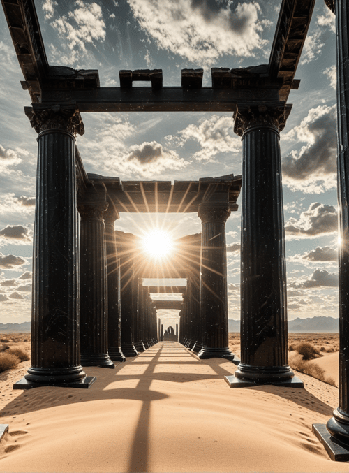 columns, desert, sun, sand dunes, sky, mountains