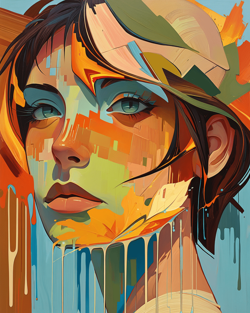 AI generated wallpaper featuring woman, hat, leaf, paint, face