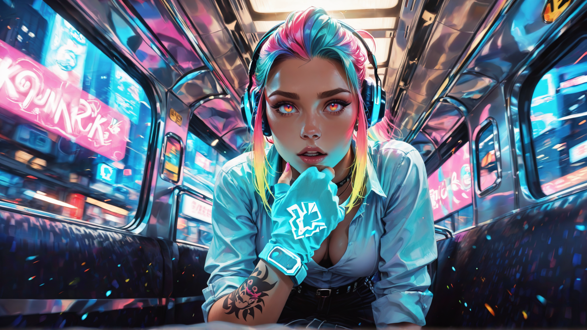 AI generated wallpaper featuring woman, headphones, gloves, tattoo, subway, cityscape