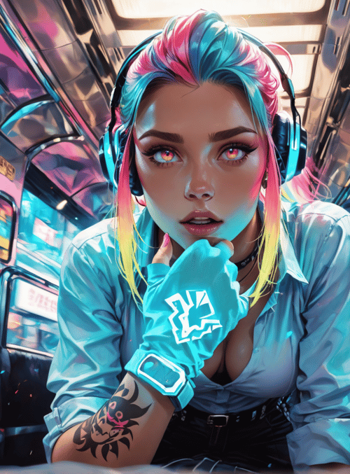 woman, headphones, gloves, tattoo, subway, cityscape