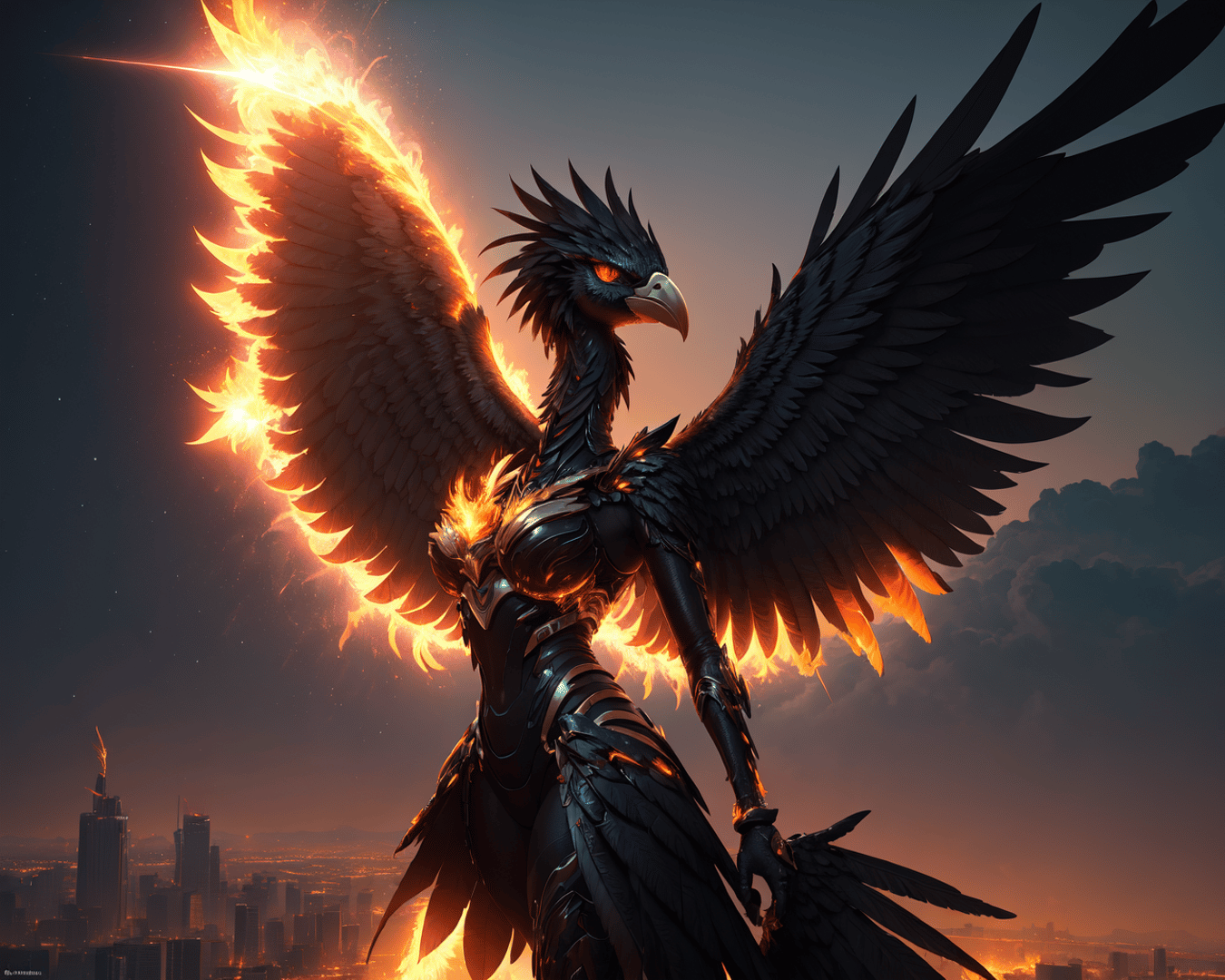 AI generated wallpaper featuring eagle, warrior, fire