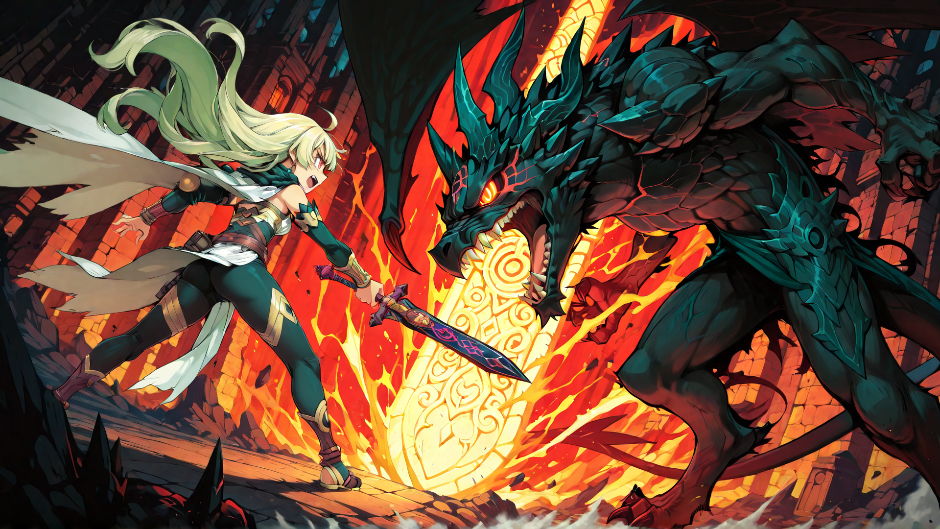 AI generated wallpaper featuring woman, dragon, sword, battle, ancient city