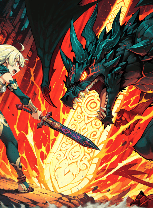 woman, dragon, sword, battle, ancient city