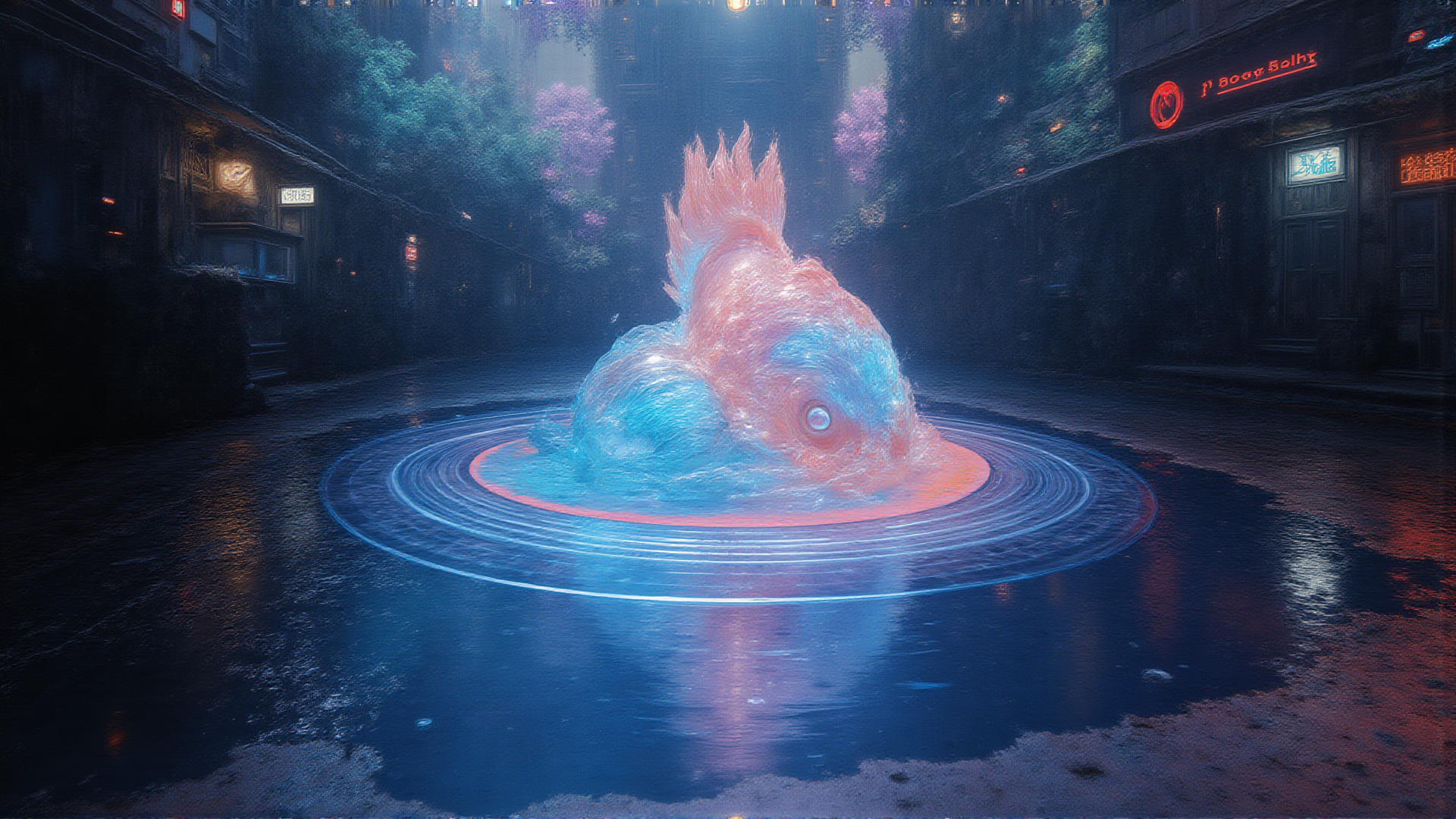AI generated wallpaper featuring fish, street, puddle, building, neon