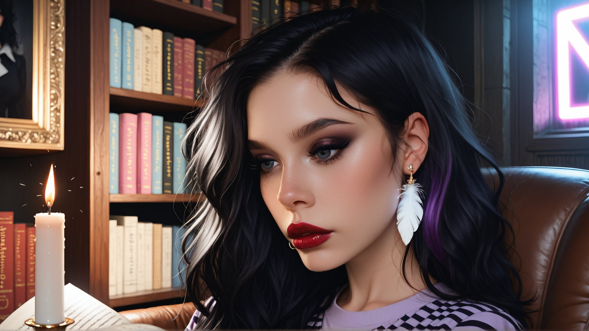 AI generated wallpaper featuring woman, candle, book, bookshelf, feather earring