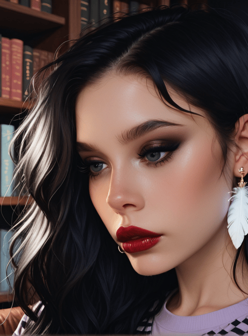 woman, candle, book, bookshelf, feather earring