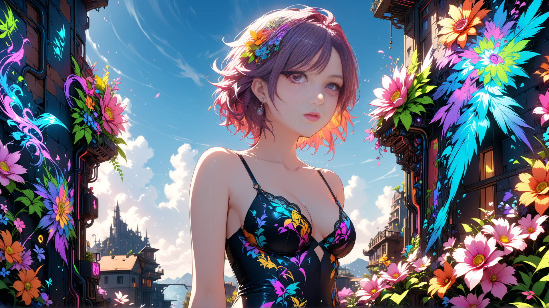 AI generated wallpaper featuring woman, flowers, buildings