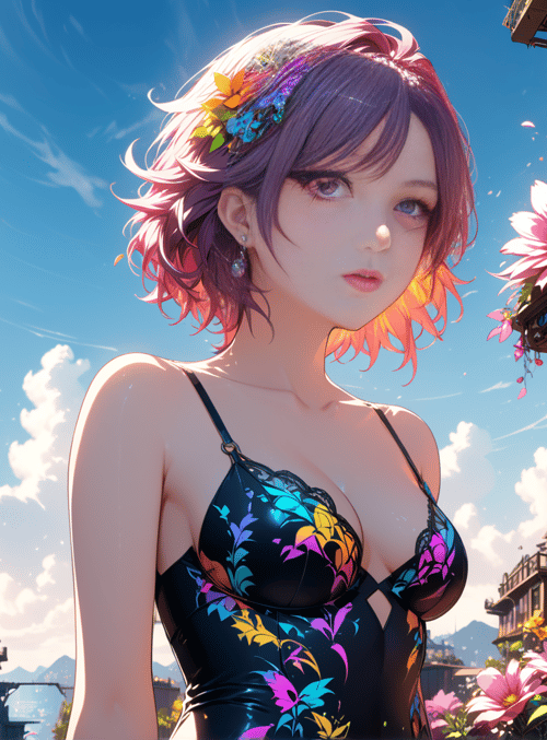 woman, flowers, buildings