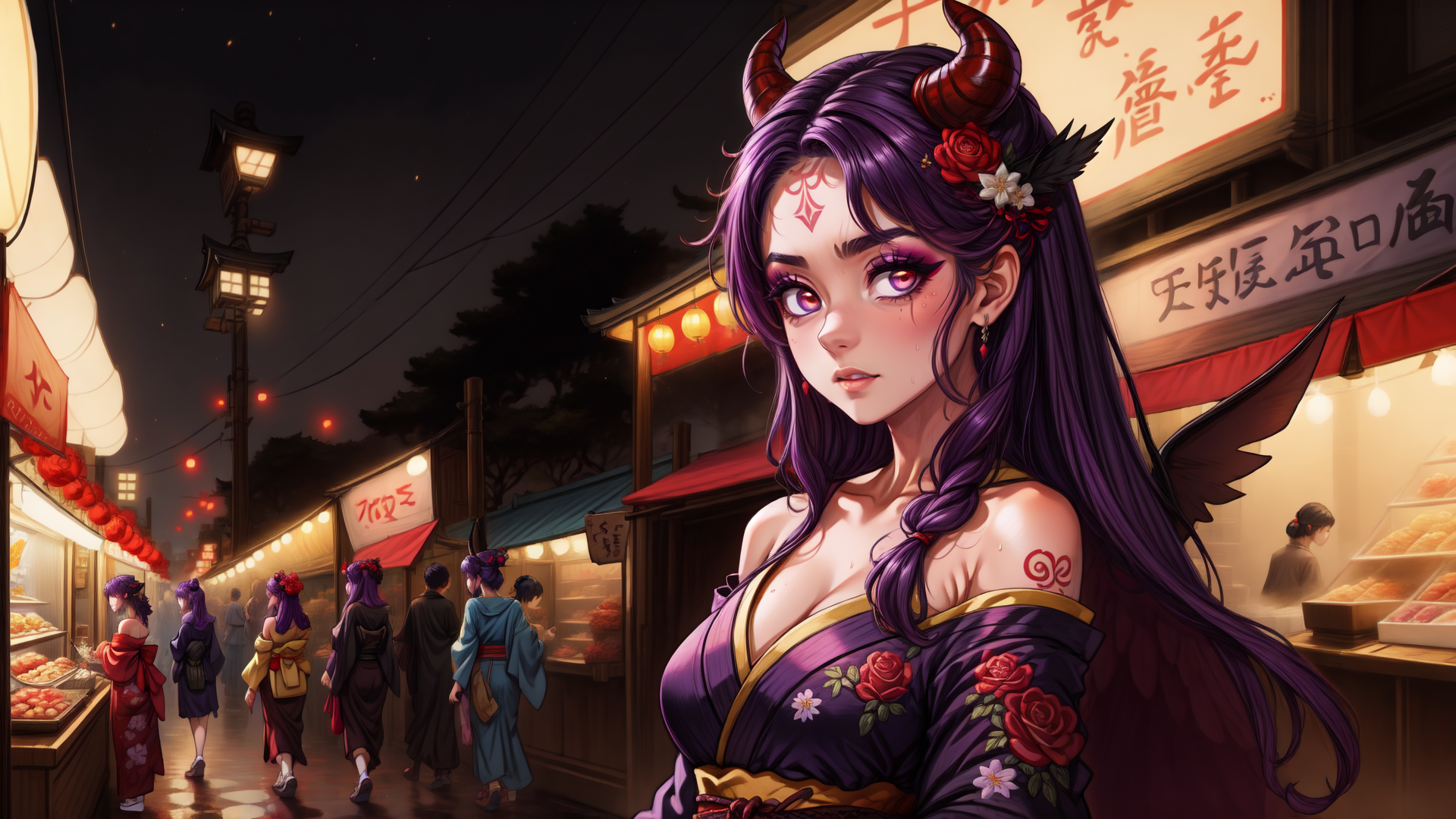 AI generated wallpaper featuring demon, woman, market, street, lanterns, shop, people, kimono, roses, horns
