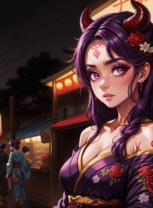 demon, woman, market, street, lanterns, shop, people, kimono, roses, horns