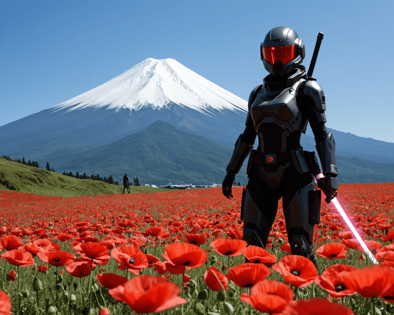 AI generated wallpaper featuring cyborg, poppy field, mountain