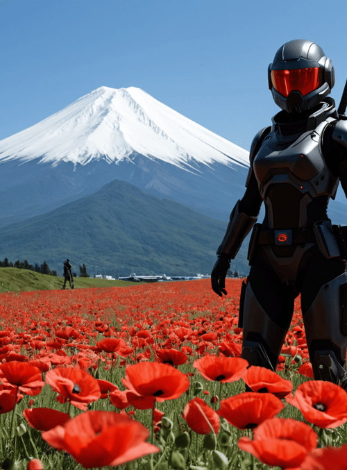 cyborg, poppy field, mountain