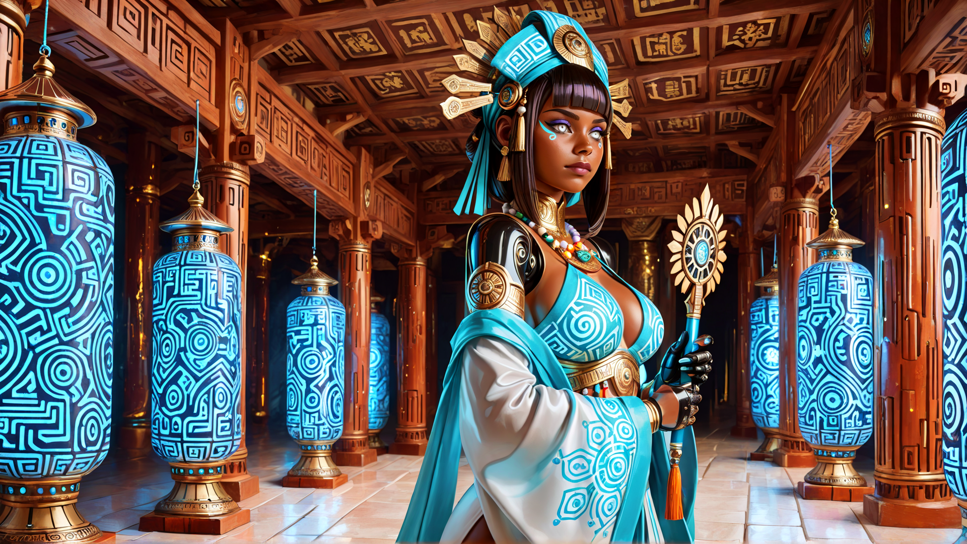 AI generated wallpaper featuring woman, queen, goddess, ancient, figurine, symbol, ornament, champion, scepter, sacred