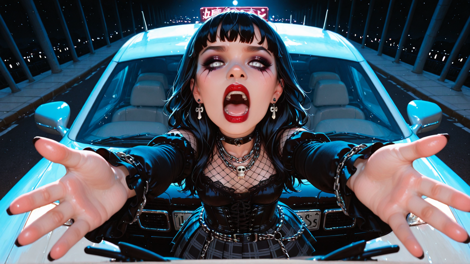 AI generated wallpaper featuring woman, car, chains, skull, fashion, night