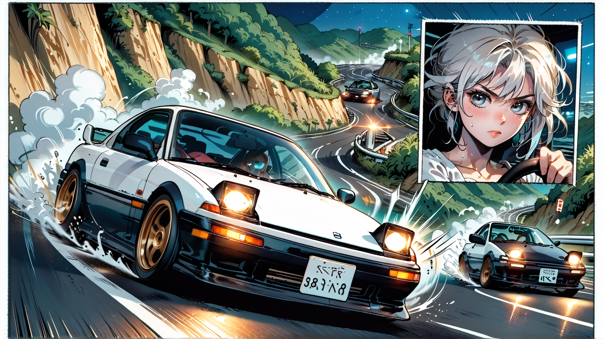 AI generated wallpaper featuring car, road, driving, girl, mountain, tire, smoke, speed, license plate, lights