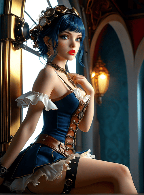woman, clocks, steampunk, dress, gears, lamps