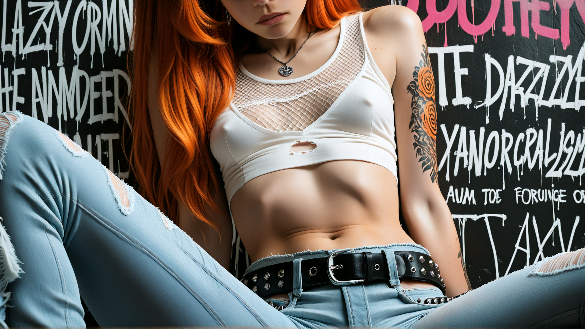 AI generated wallpaper featuring woman, tattoo, jeans, crop top, biker belt