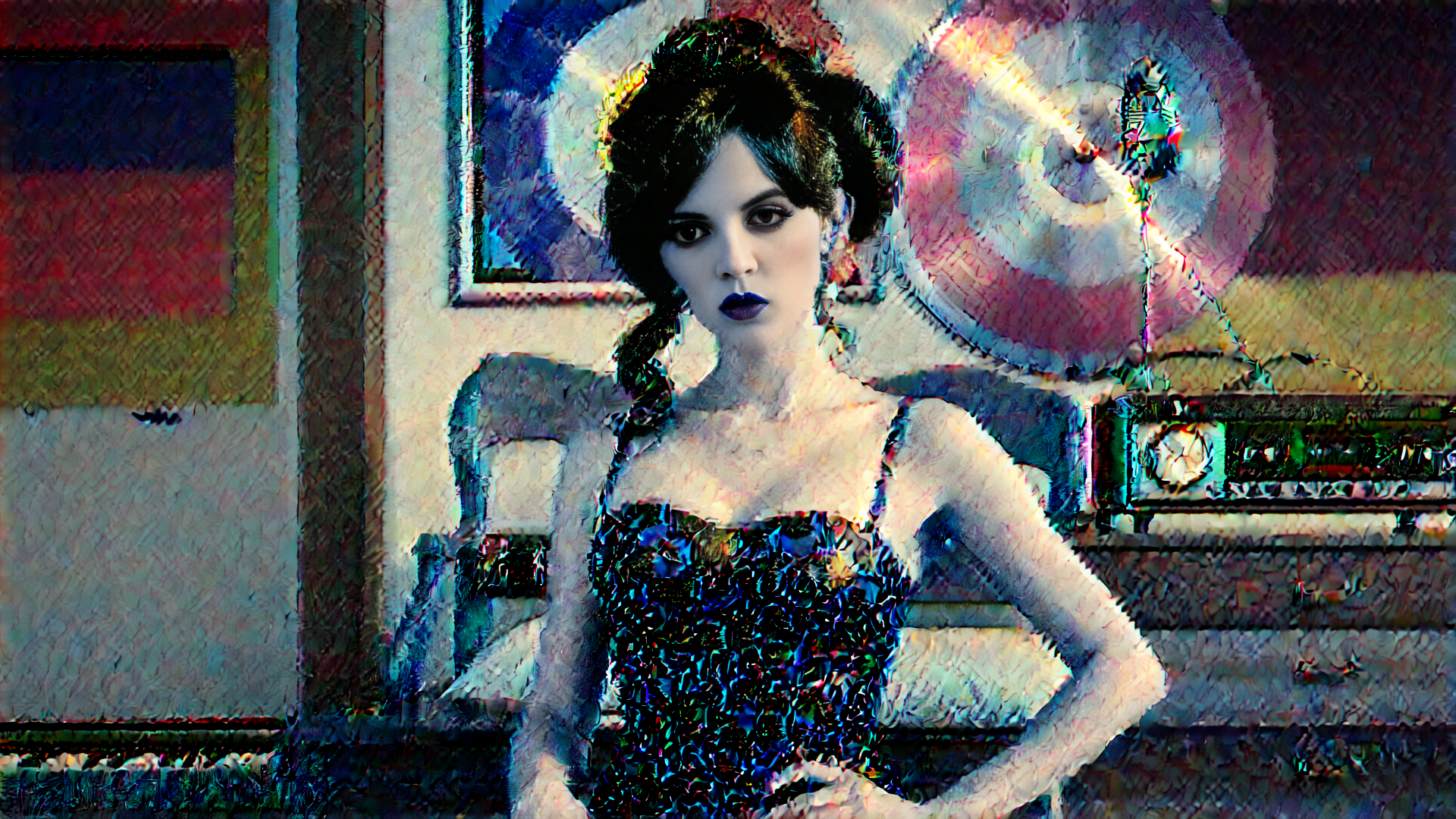 AI generated wallpaper featuring woman, dress, room