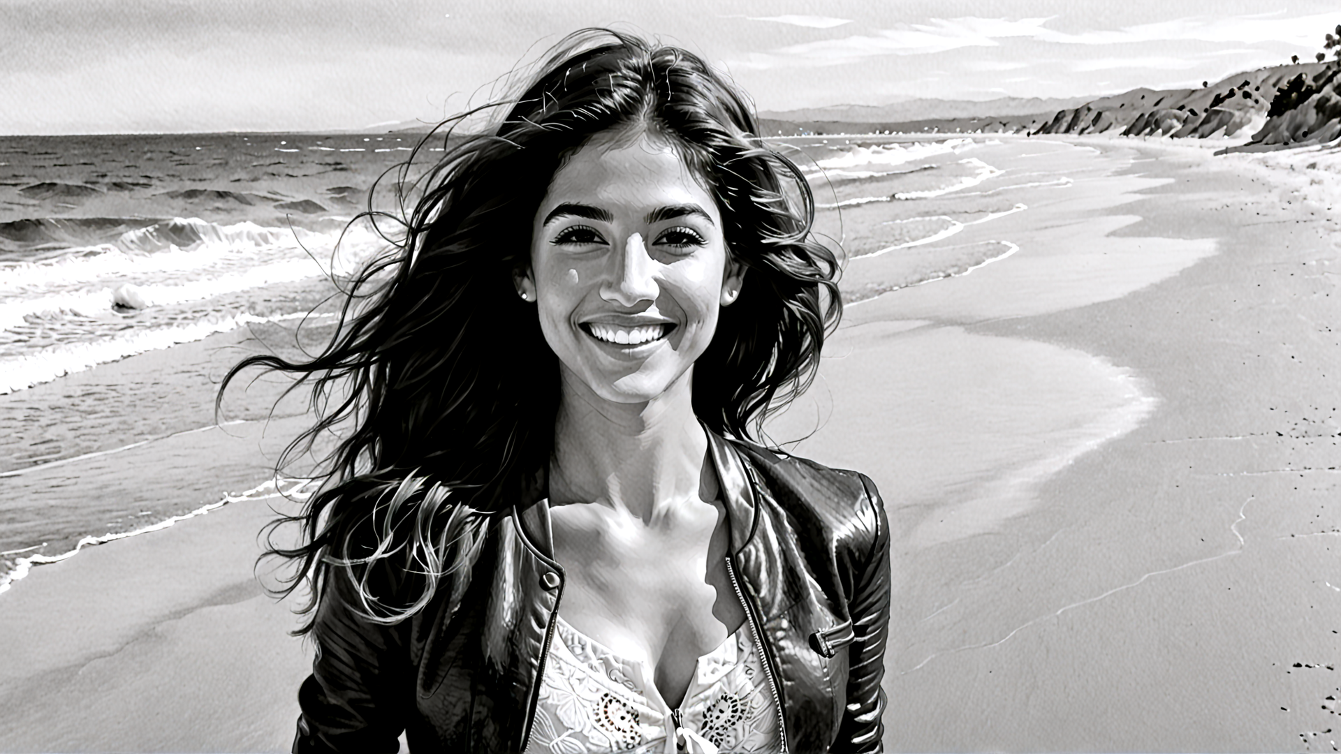 AI generated wallpaper featuring woman, beach, ocean, waves, hair, leather jacket, sand, landscape, sky, mountains