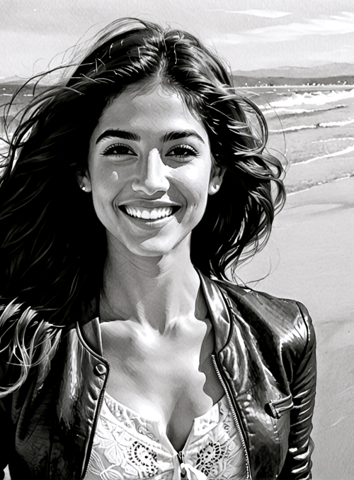 woman, beach, ocean, waves, hair, leather jacket, sand, landscape, sky, mountains