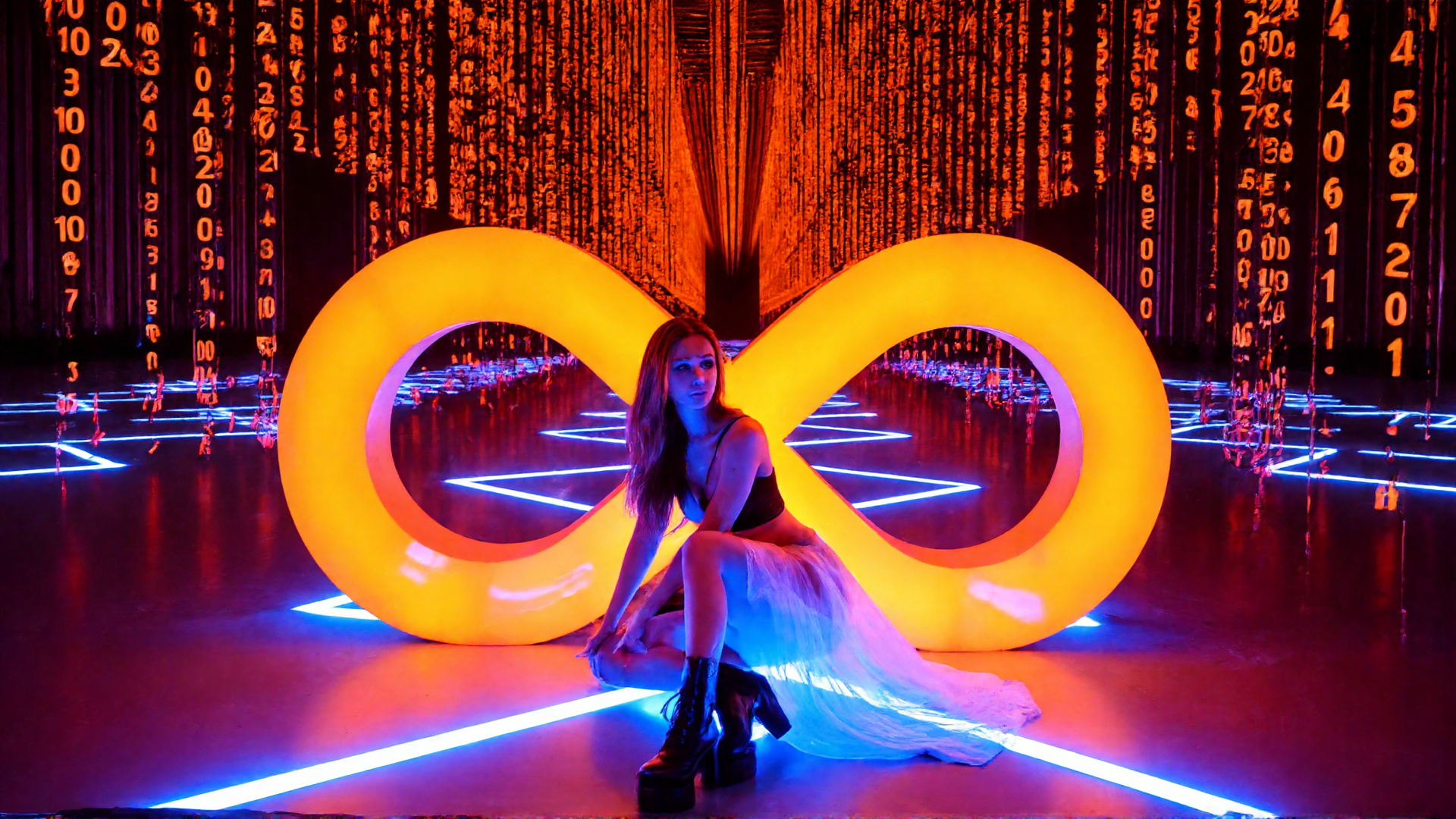 AI generated wallpaper featuring woman, infinity symbol, binary code, neon lights, dress, boots, curtains, floor
