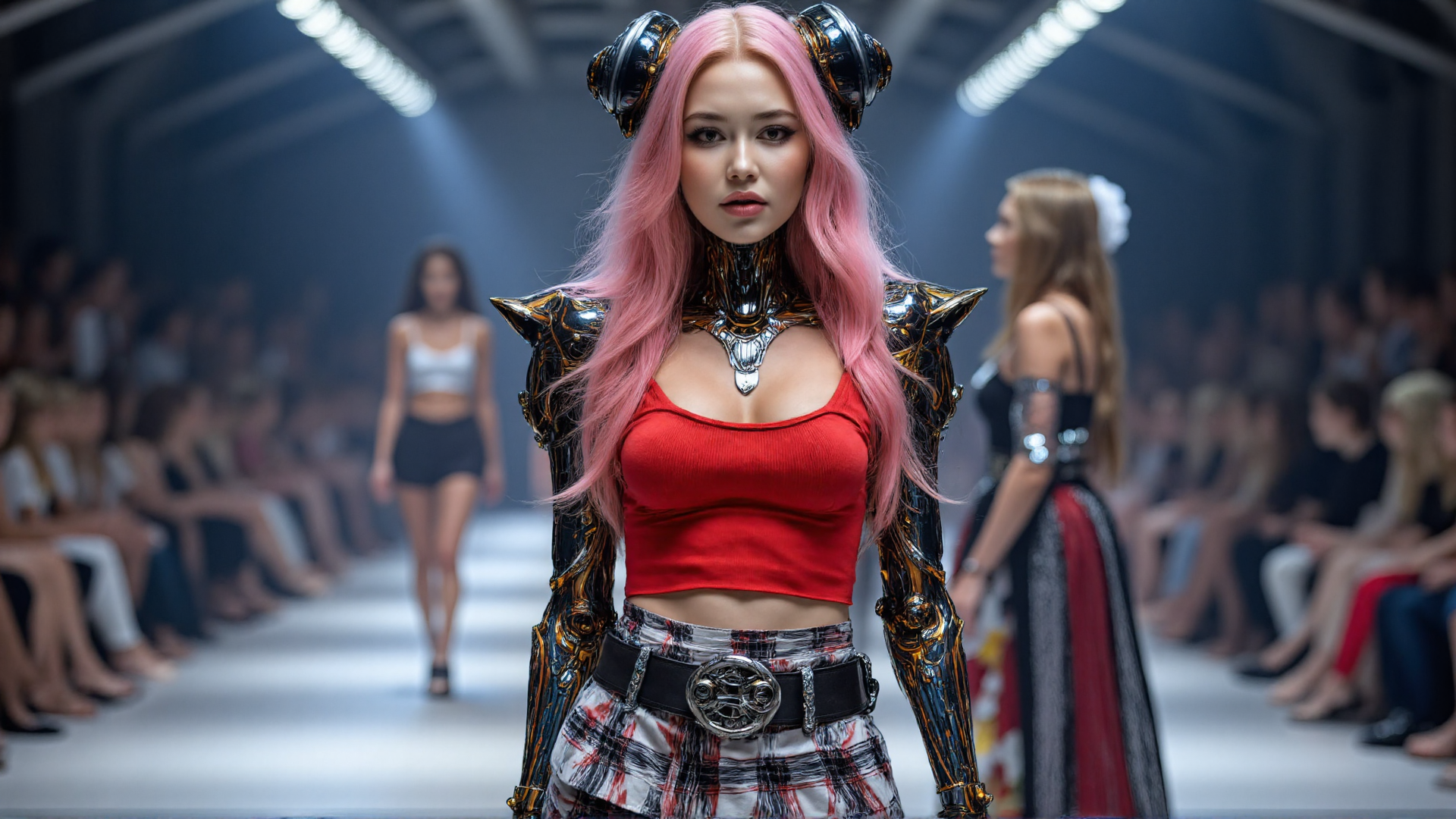 AI generated wallpaper featuring model, fashion show, robotic armor, pink hair, runway, audience, goggles, belt